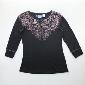 Y2K 2000s Ribbed Knit 100% Cotton Black Pink Cyber Punk Emo Goth 1/2 Button Up L